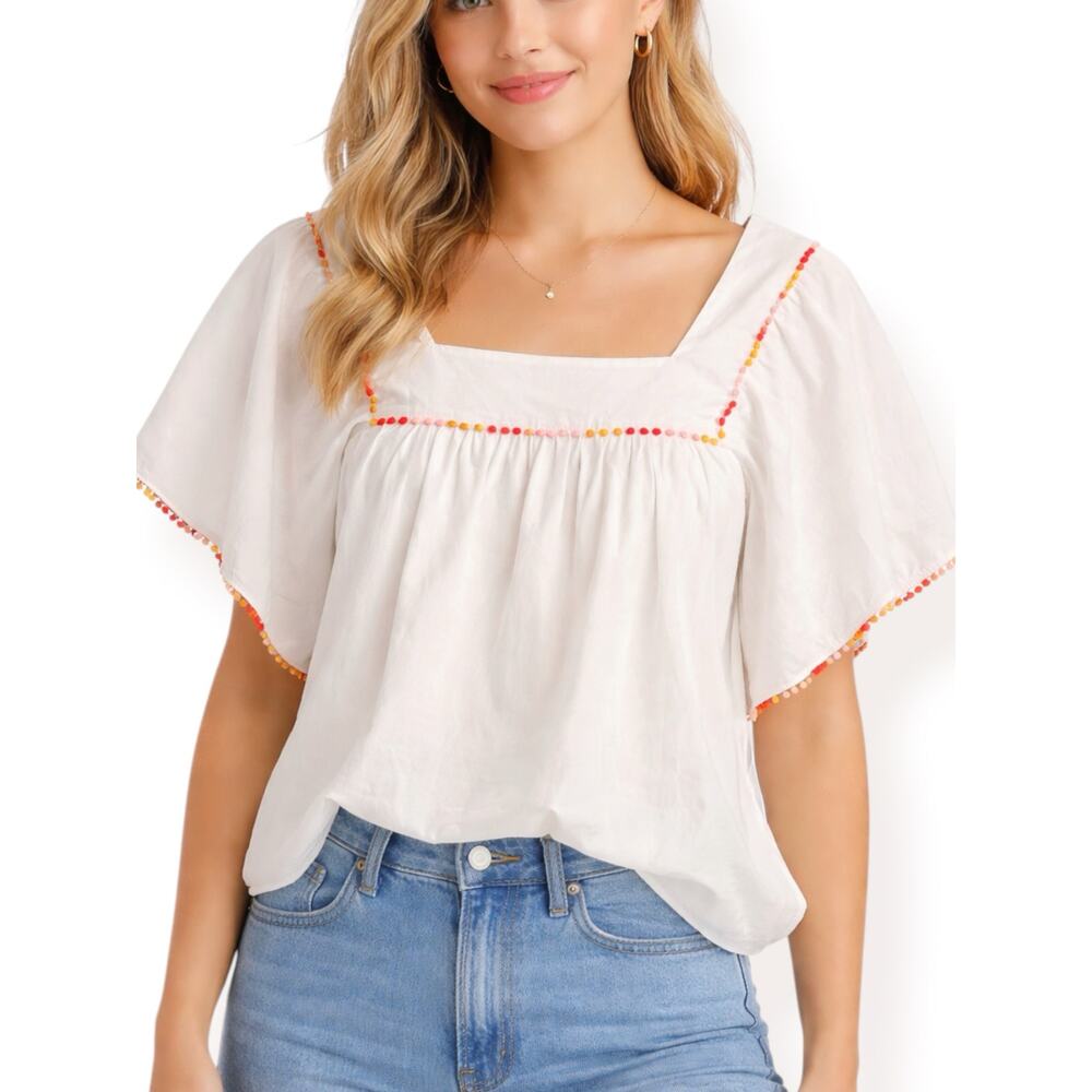 Madewell‎ White Cotton Pom PomTrim Blouse Medium Boho Festival Butterfly Top